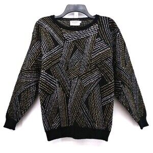 Personal Petites Sweater Womens Size PS Black Long Sleeve Geometric Threaded Top